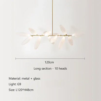 Modern white leaf elegant glass led pendant light with ten translucent glass shades on gold-toned metal frame decorbites elegant glass