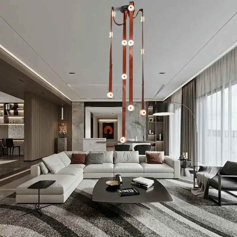 Modern white leather designer belt marble pendant lights villa chandelier with multiple hanging straps and circular fixtures