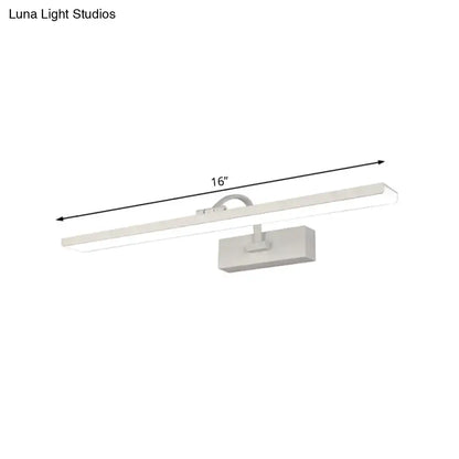 Modern white led bathroom vanity sconce with a sleek curved arm and 16-inch rectangular led light design