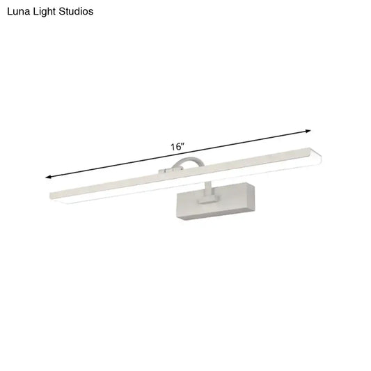 Modern white led bathroom vanity sconce with a sleek curved arm and 16-inch rectangular led light design