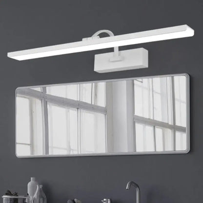 Modern white led bathroom vanity sconce with a curved arm and sleek rectangular design mounted above a mirror