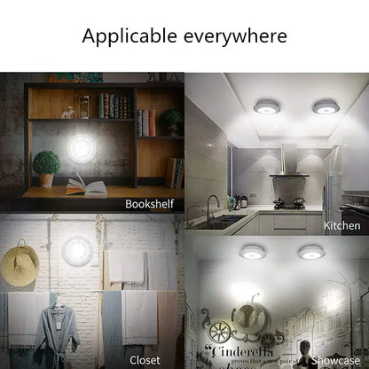 Round white led cabinet light with sleek modern design and remote control dimming for kitchen use