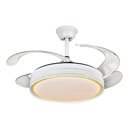 Modern white LED ceiling fan with sleek curved chrome blades for stylish decorBites decor LED ceiling use