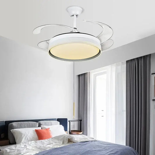 Modern white led ceiling fan with remote control featuring integrated lighting and sleek curved blades for bedroom use decorbites led ceiling