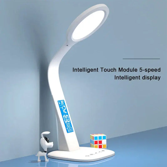 Modern white decorbites led desk lamp with sleek curved design and digital screen showing time and date for study use