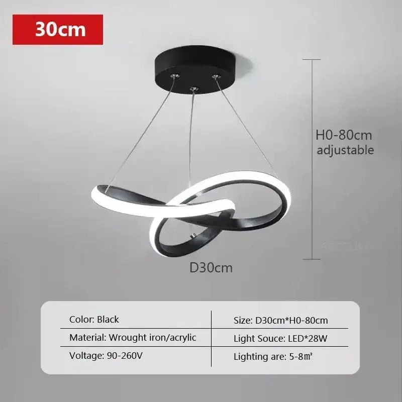 Black modern led pendant light with sleek wrought iron and acrylic intertwined rings helps create elegant dining room ambiance
