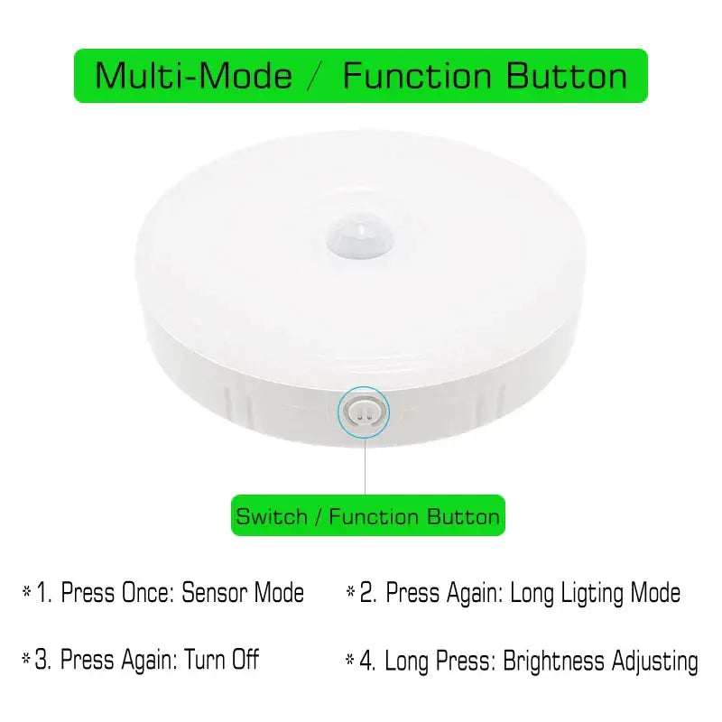 Modern white led motion sensor nightlight with circular design and multifunction button for stairs and closet use