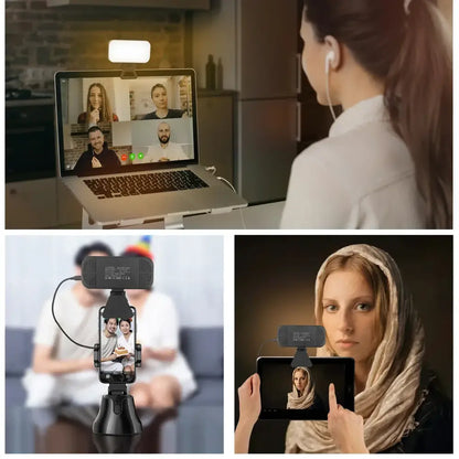 Black adjustable webcam mount with clip and stand for laptops and smartphones paired with modern white led video light