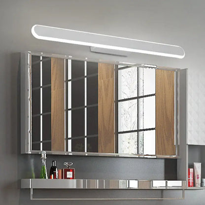 Modern white led wall light bathroom mirror fixture with silver frame wooden accents and integrated led light bar above