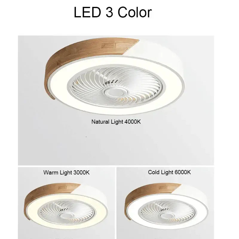 Modern white and light wood 52cm ceiling fan light with wooden trim and led lighting in three color modes for living rooms