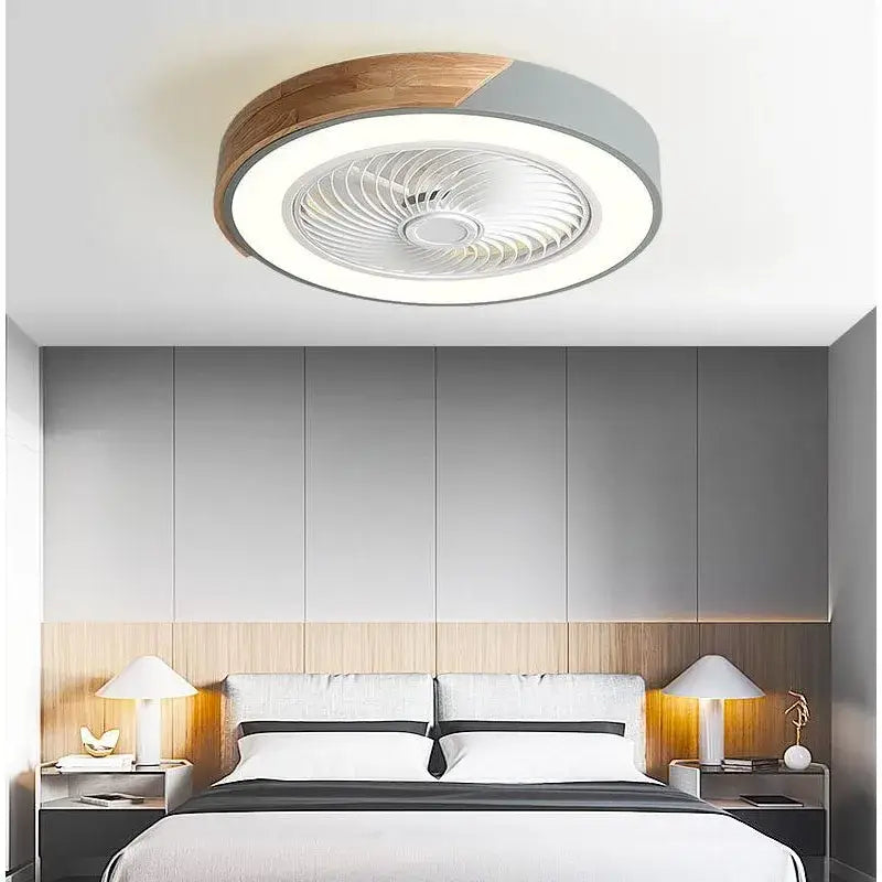 Modern white and light wood 52cm ceiling fan light with integrated led and sleek circular design for living room use