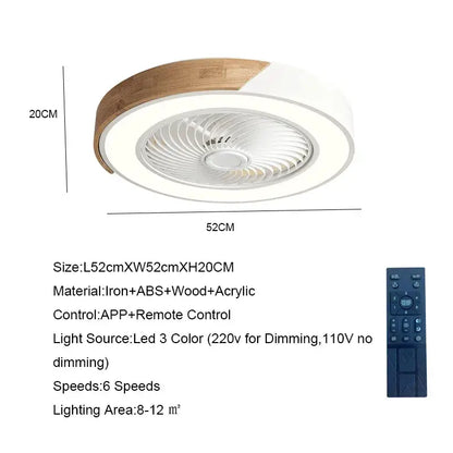 Modern white and light wood 52cm ceiling fan light with integrated LED for living room use