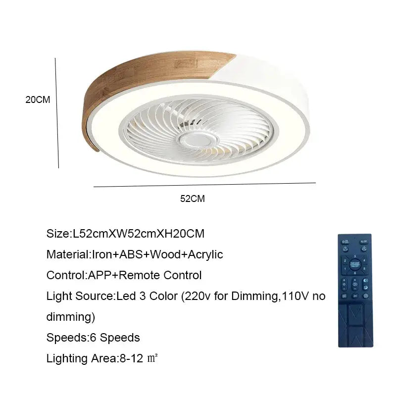 Modern white and light wood 52cm ceiling fan light with integrated LED for living room use