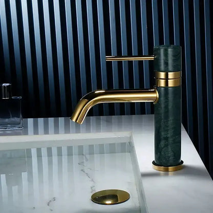 Modern white marble bathroom faucet with dark green marble body and decorbites brushed gold swivel spout design