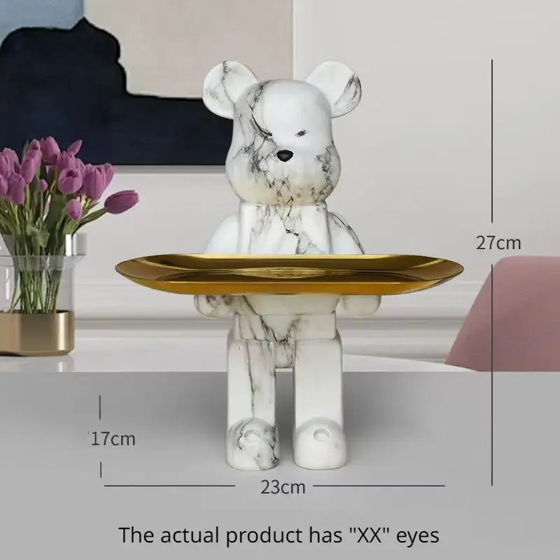 Modern white marble-patterned bear figurine sculpture holding a gold tray for elegant living room decor