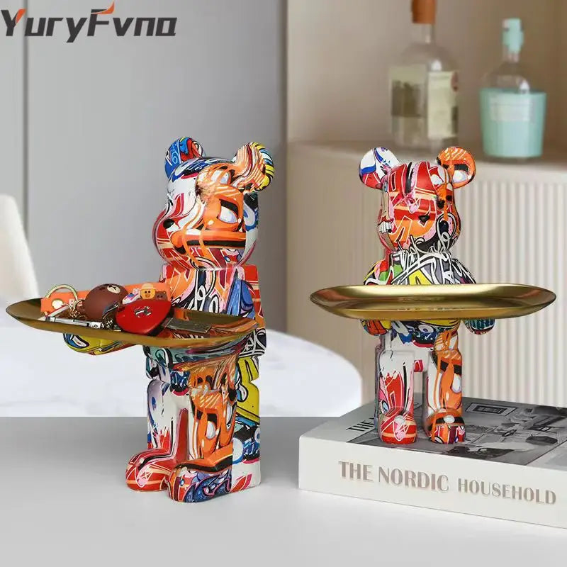 Modern white marble bear figurine sculpture with vibrant graffiti style and gold tray for living room decor