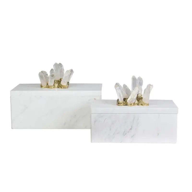 Modern white marble crystal stone sculpture featuring gold-toned crystal stone clusters for living room decor