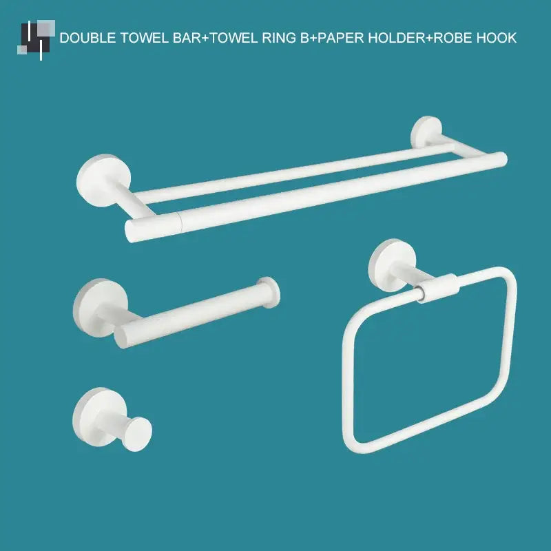Modern white matte metal bathroom accessory set by decorbites includes double towel bar, towel ring, paper holder, and robe hook