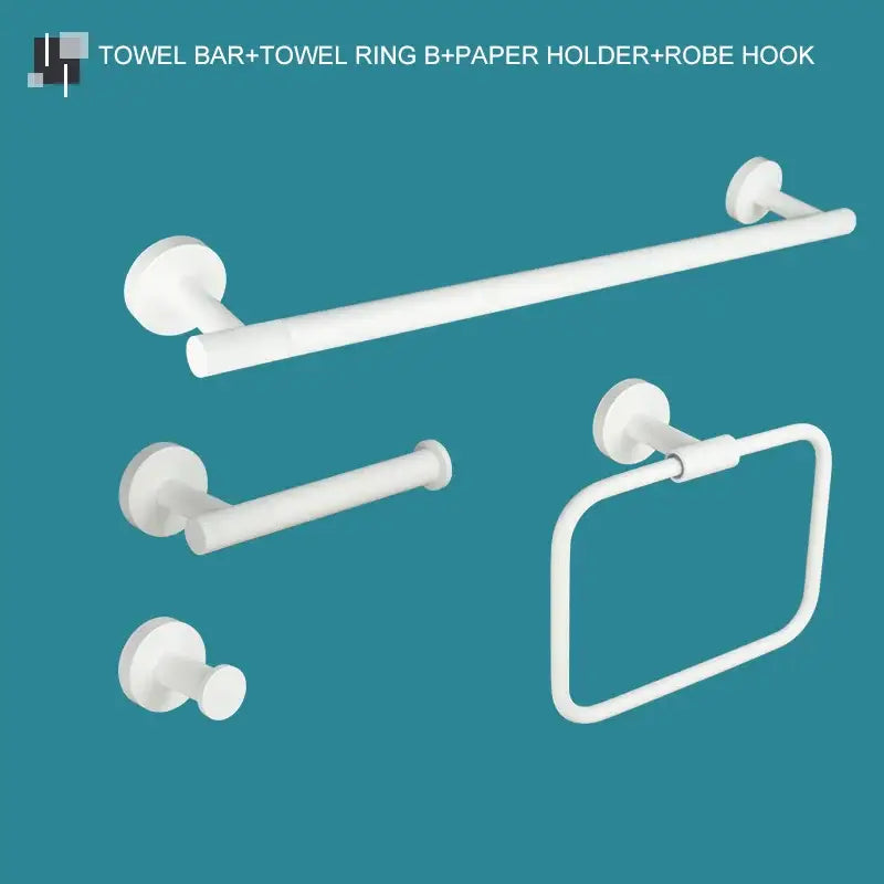 Modern white matte metal bathroom accessory set including towel bar ring paper holder and robe hook decorbites bathroom accessory