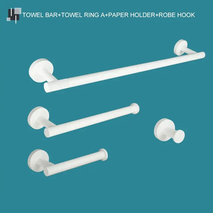 Modern white matte metal bathroom accessory set featuring a white plastic towel bar with circular wall-mounted ends decorbites bathroom accessory