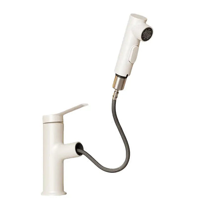 Modern white matte pull-out decorbites basin faucet with a sleek single handle tap and flexible spray hose for kitchen use