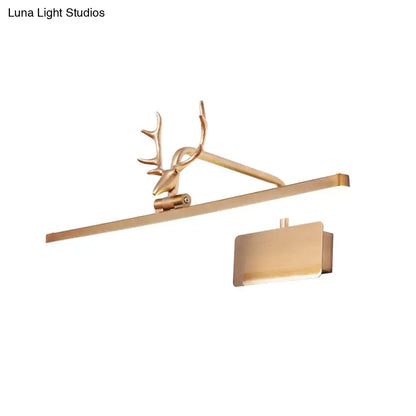 Modern white metal vanity wall lamp with gold-toned deer-head and sleek rectangular light fixture for bathroom vanity wall
