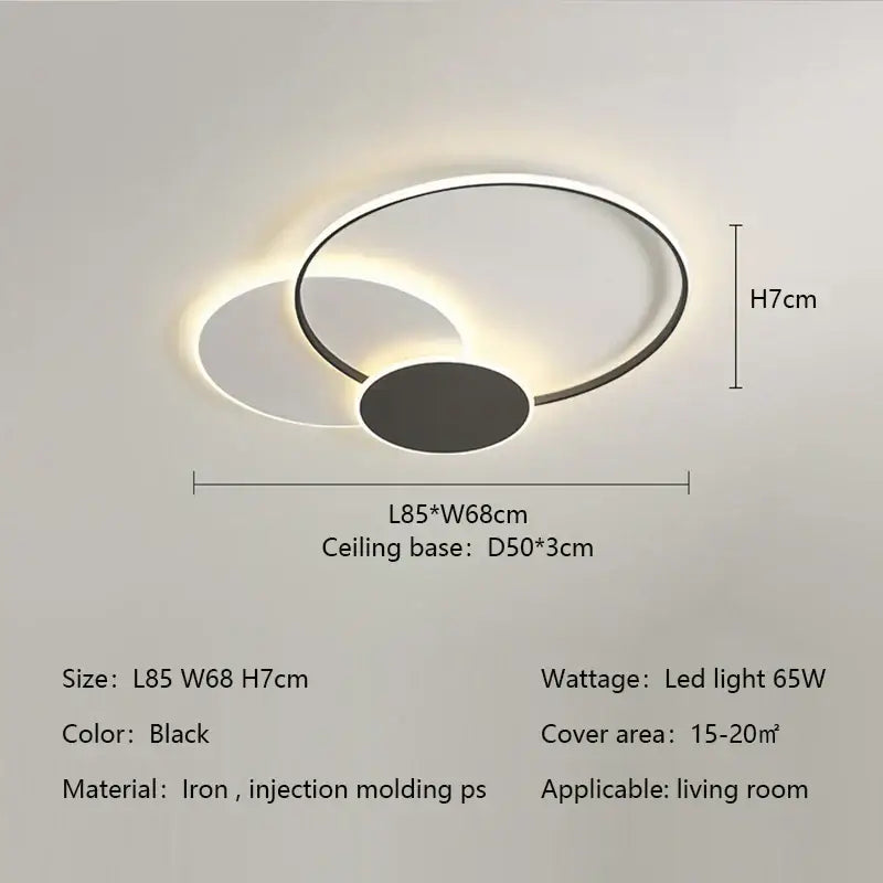 Black modern ceiling light with interlocking circular rings and central oval panel made of iron and injection-molded ps for bedroom decorbites circles led ceiling lights