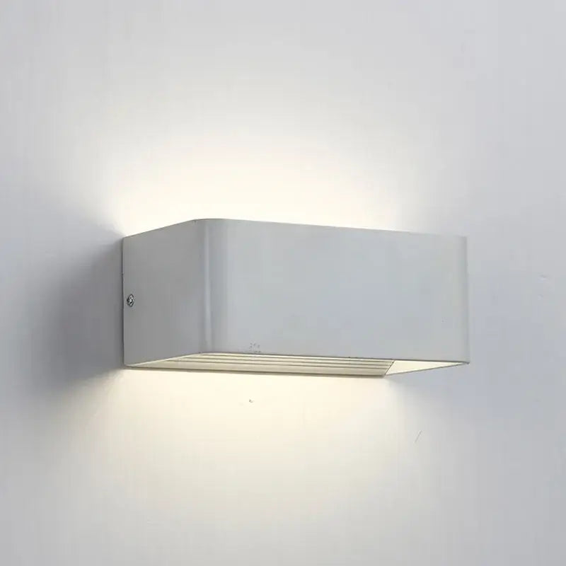 Modern white minimalist led wall lamp with sleek rectangular design and subtle horizontal slats for bedroom use