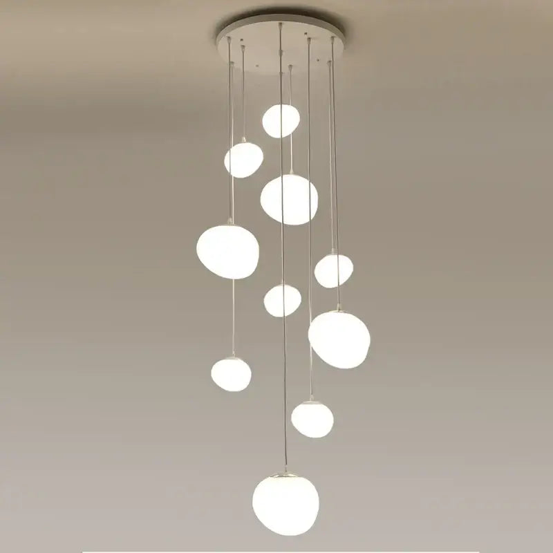 Modern white minimalist spherical pendant lights with metallic rods for villa staircase decorbites cobblestone glass led