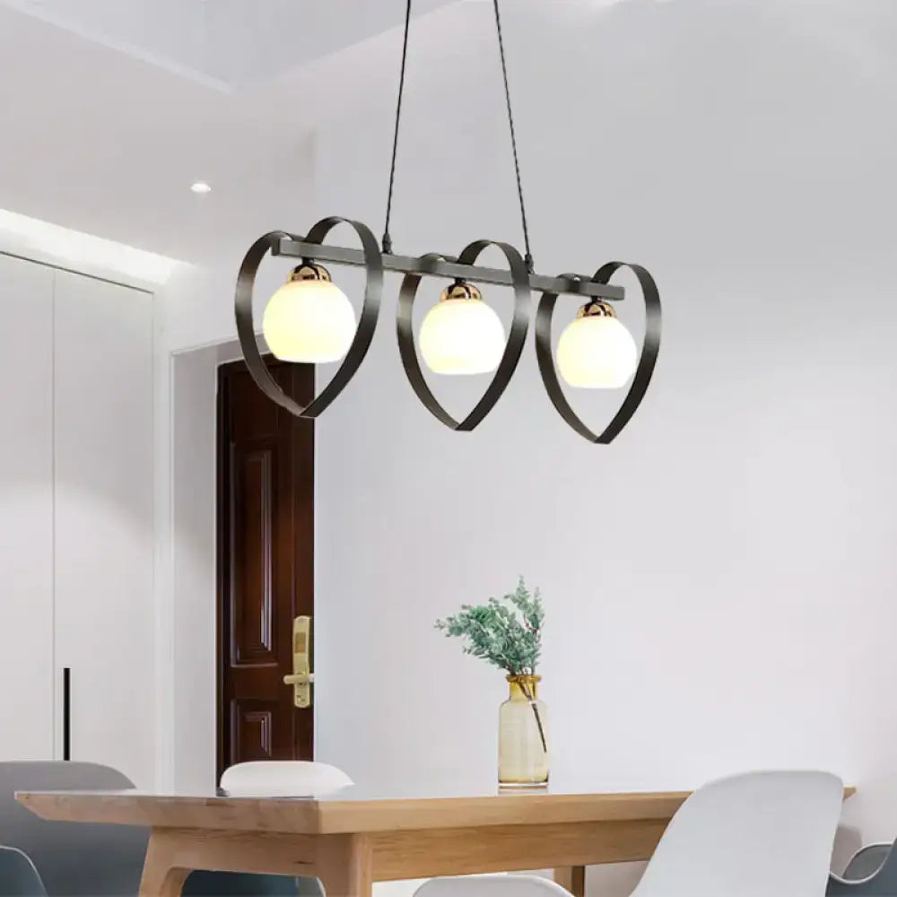 Black metal heart-shaped pendant light with three frosted opal glass globes white black 110v-120v bulb base hanging lamp