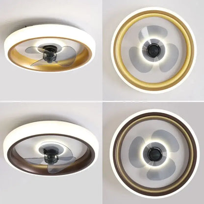 Modern white and orange circular ceiling fan light with gold finish and translucent blades for bedroom use