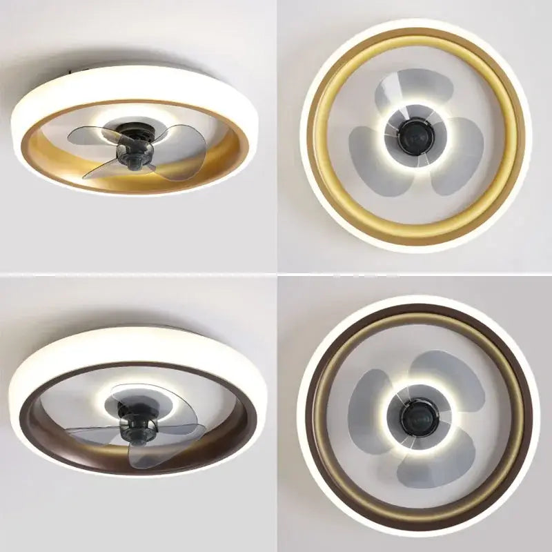 Modern white and orange circular ceiling fan light with gold finish and translucent blades for bedroom use