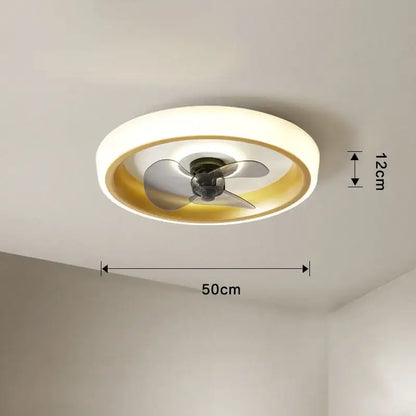 Modern white and orange circular ceiling fan light with integrated lighting and gold accent for bedroom use