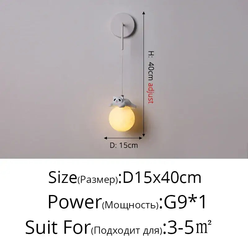 Modern white panda bear bedroom wall lamp with soft yellow spherical pendant and gray raccoon decorbites bear bedroom