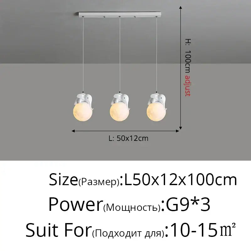 Modern white elephant-shaped pendant light fixture with three spherical bulbs ideal as bear bedroom wall lamp decorbites