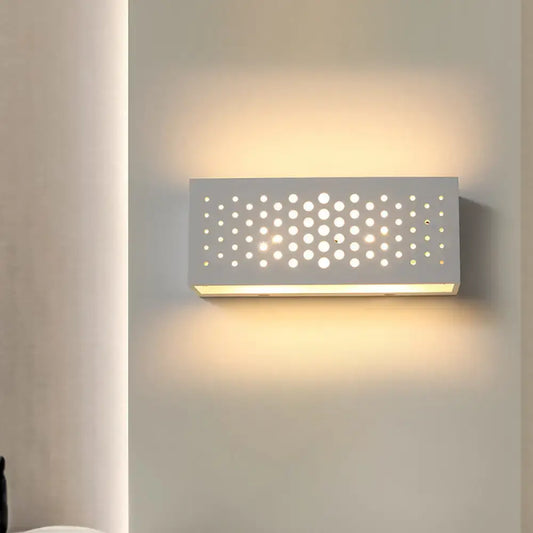 Modern white perforated rectangle wall sconce wall light with matte metal face emitting warm ambient light 220v-240v 110v-120v