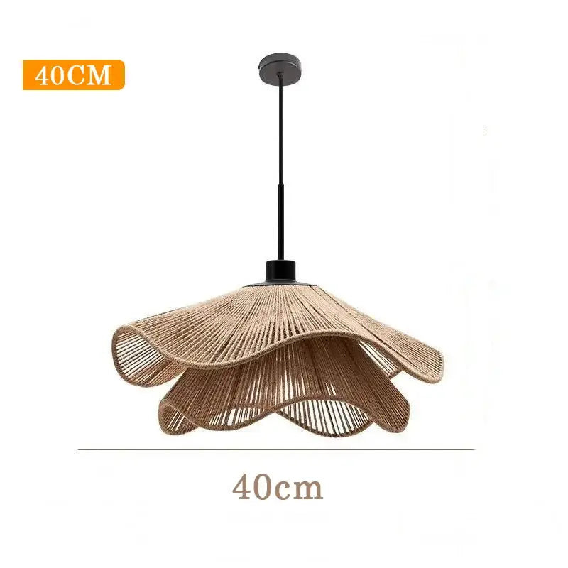 Modern white petal fabric pendant light with a 40cm beige woven rope layered design and black metal hardware cord pendant