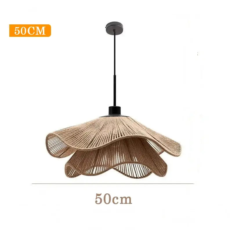 Modern white petal fabric pendant light with natural beige woven rope and layered wavy design for warm bedroom glow