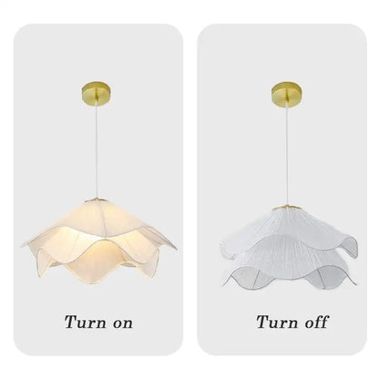 Modern white petal fabric pendant light with layered fabric and gold-toned cord pendant for bedroom warm glow
