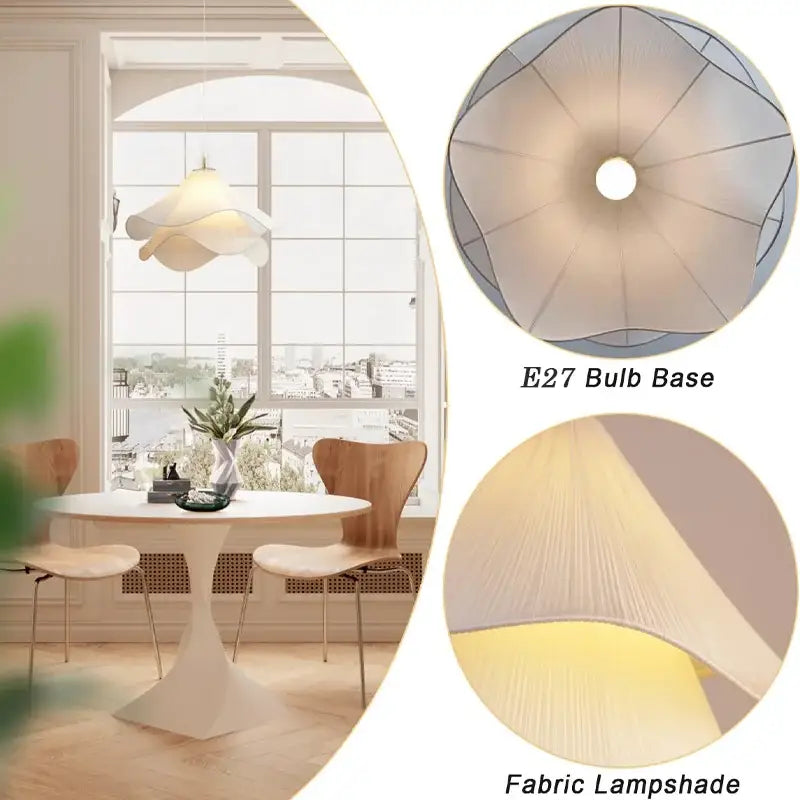 Modern white petal fabric pendant light with geometric design and visible internal support for warm bedroom glow