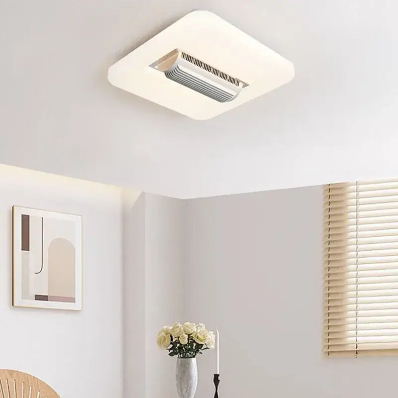 Modern white rectangular bladeless ceiling fan light with silver metallic grille ceiling fan light for bedroom use