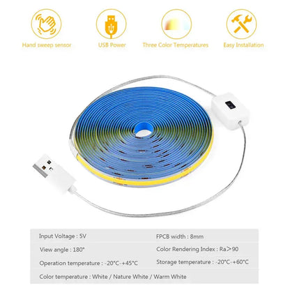 Coiled blue and yellow decorbites cob led strip night light with white usb power cable and control module