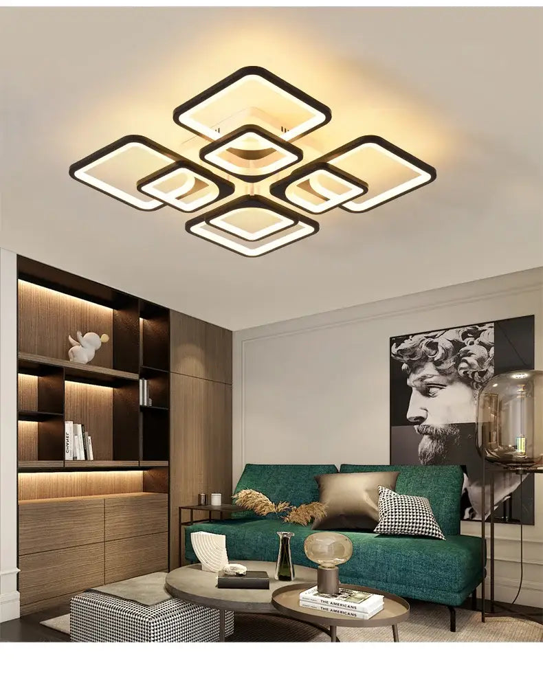 Modern white rectangular dimmable led chandelier bedroom ceiling light with black frames and warm white decorbites dimmable led illumination
