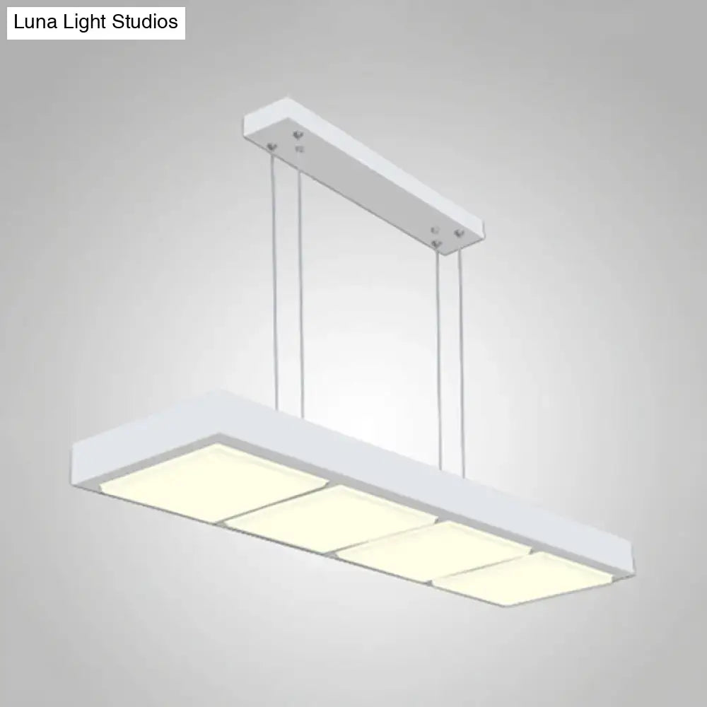 Modern white metal rectangular island lamp with three illuminated panels for office and home lighting use
