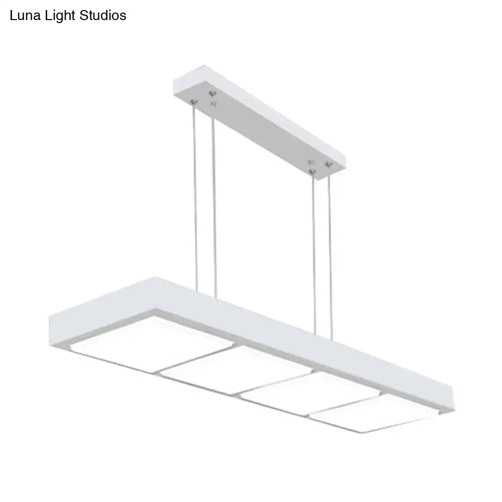 Modern white metal rectangular island lamp with three integrated led panels suspended by thin cables for office lighting