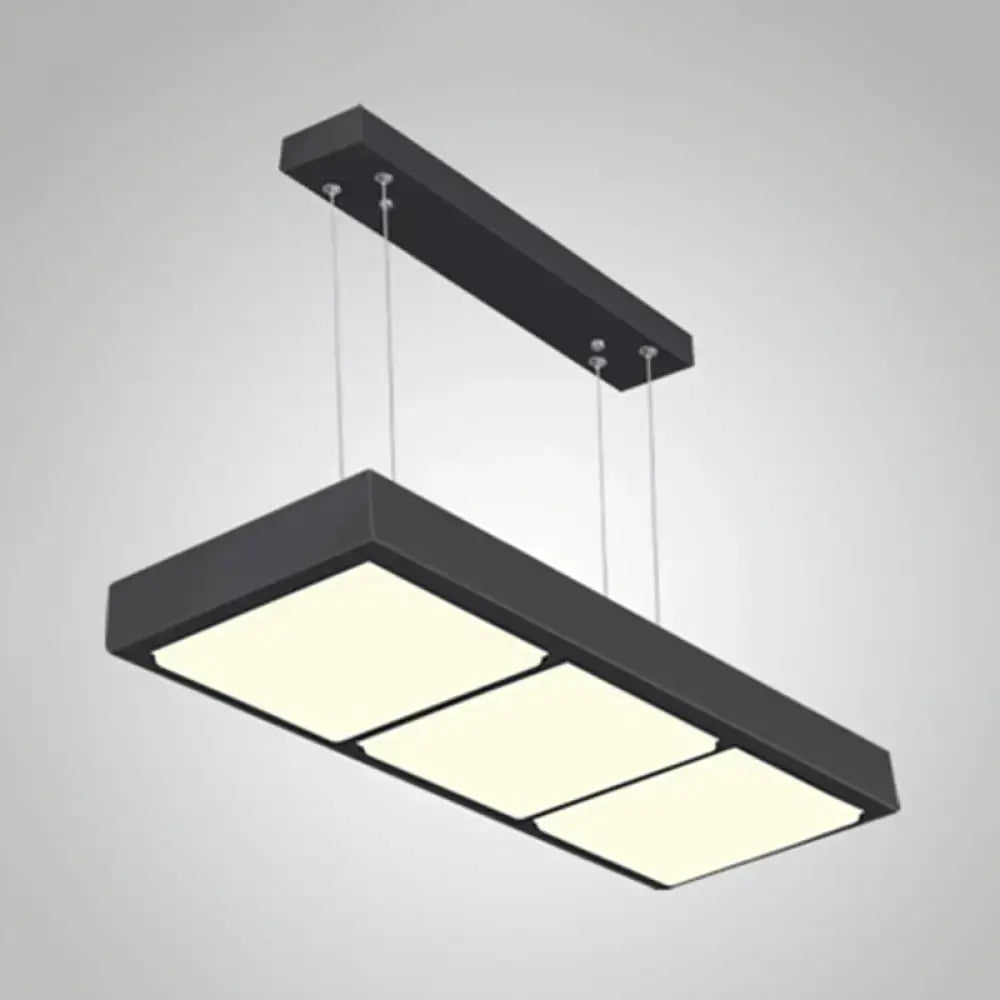 Modern black metal rectangular island lamp with three illuminated panels for office or kitchen island lighting