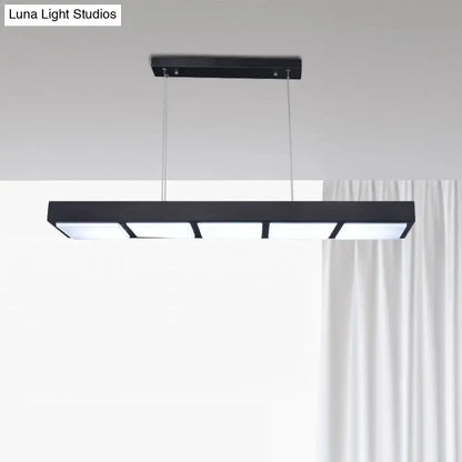 Black rectangular modern metal rectangular island lamp with four illuminated panels for office lighting