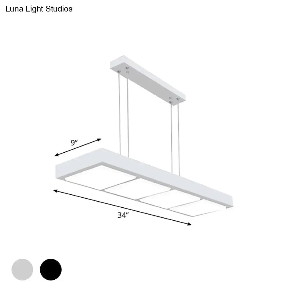 Modern white metal rectangular island lamp with four illuminated led panels and minimalist design for office use