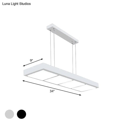 Modern white metal rectangular island lamp with four illuminated led panels and minimalist design for office use