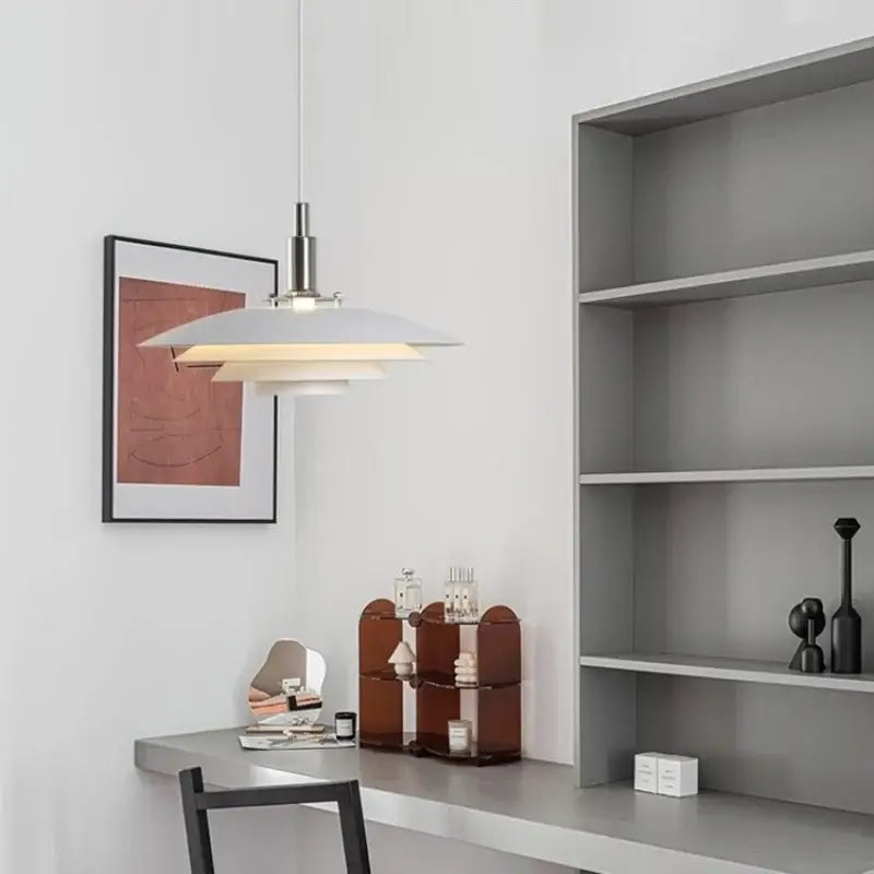 Modern white and red ufo pendant light with sleek layered design and metallic accents for modern interiors with adjustable cord